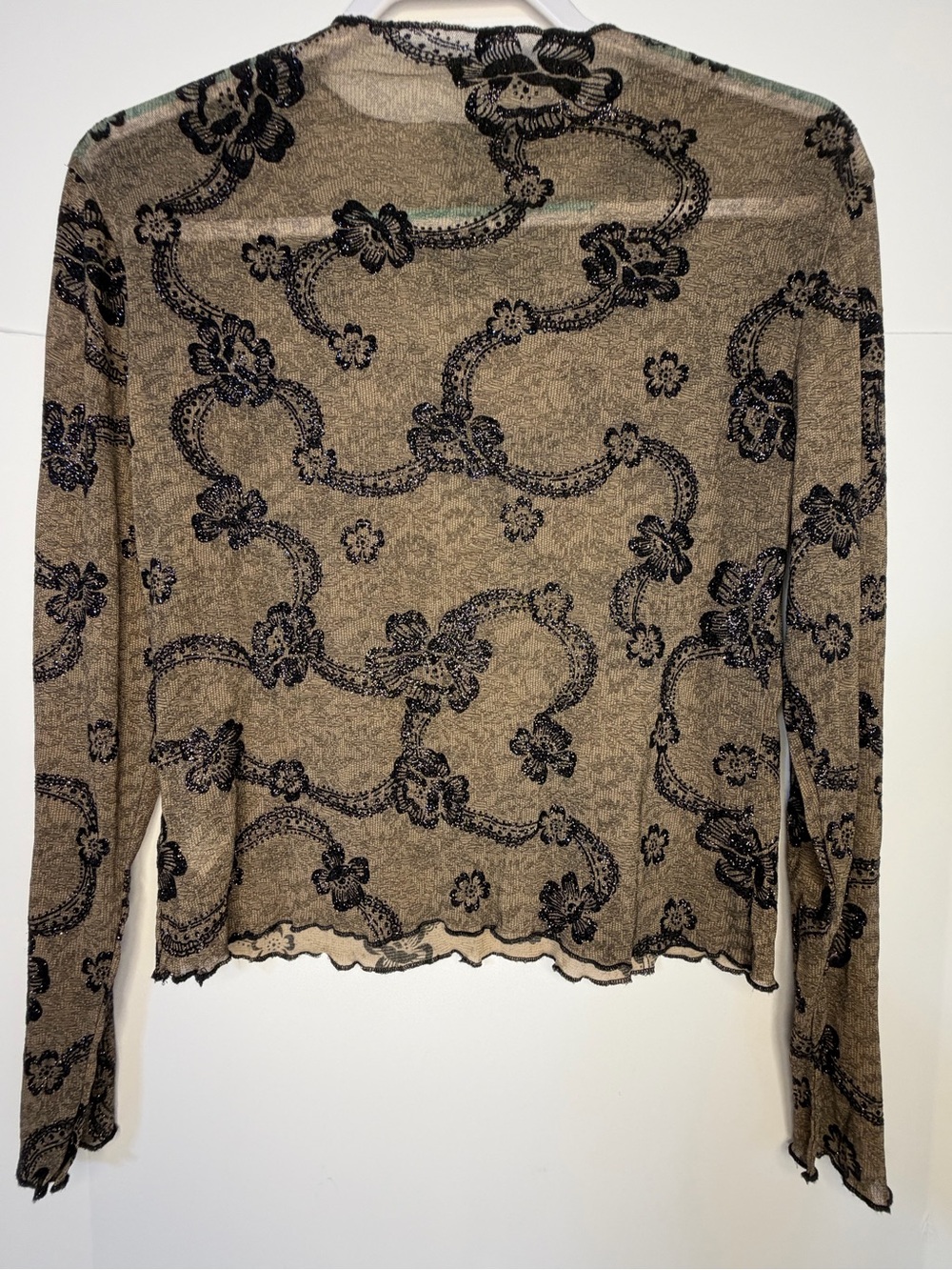 Newport News Beige Long Sleeve Sheer Floral Top with Black Print